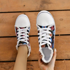 Women's Floral Pattern Flat Canvas Lace Up Low Round Toe Raw Trim Shoes