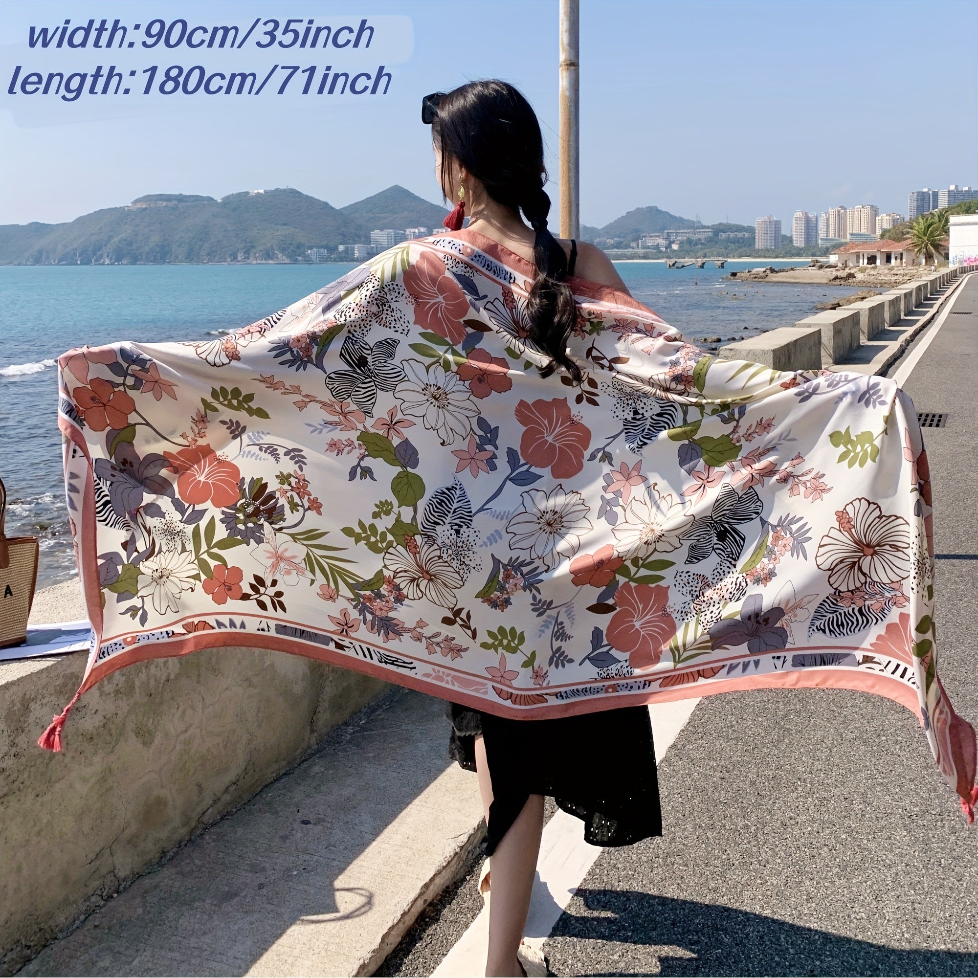 Pink Flower Print Tassel Scarf Boho Shawl Outdoor Sunscreen Head Wrap