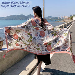 Pink Flower Print Tassel Scarf Boho Shawl Outdoor Sunscreen Head Wrap