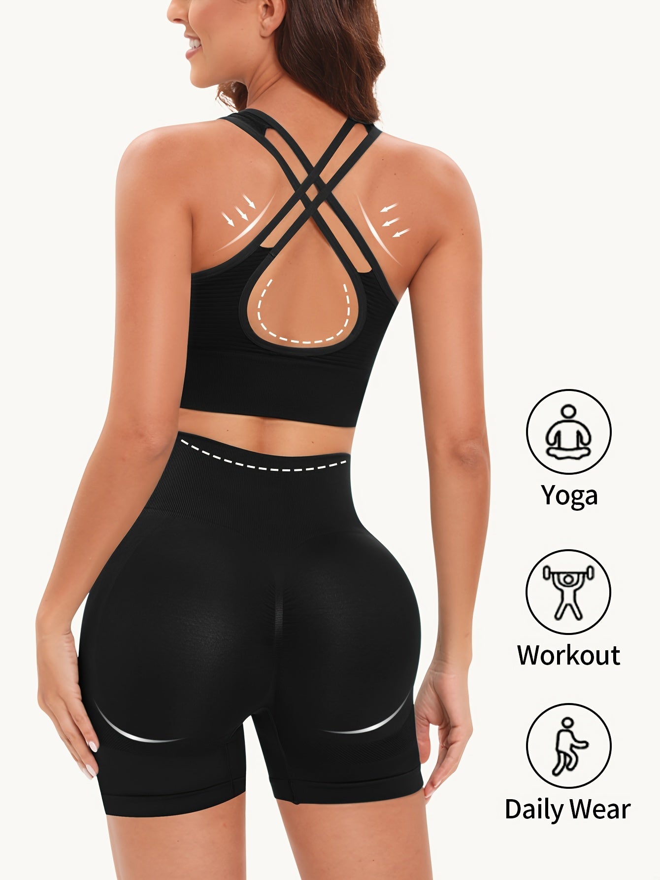 Solid Yoga Suits Backless Crop Top & Butt Lifting Shorts