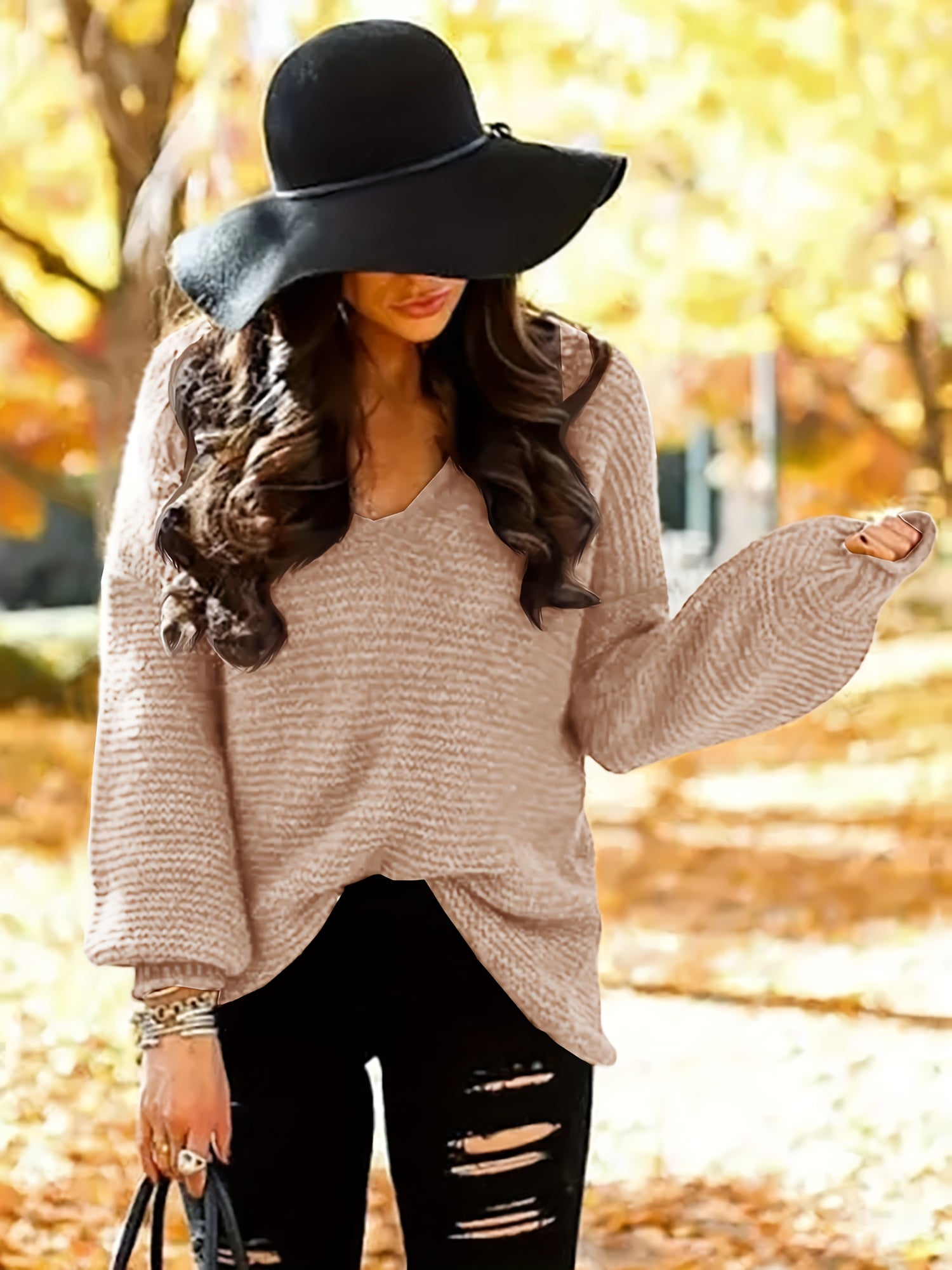 Drop Shoulder Solid Knit Sweater V Neck Lantern Sleeve