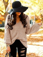 Drop Shoulder Solid Knit Sweater V Neck Lantern Sleeve
