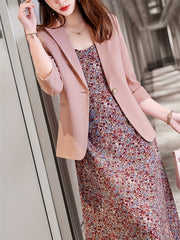 Solid Button Front Blazer Lapel Roll Up Sleeve Blazer