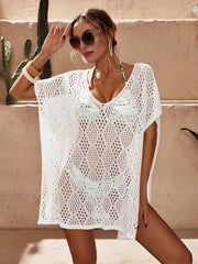 Crochet Batwing Sleeve Cover Up Dress Side Split Solid Boho Beach Coverup