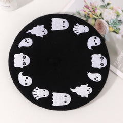 Ghost Embroidery Woolen Beret Women's Hat Painter Hat Winter Warm Beret Hat Cap