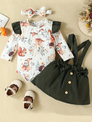 3PCS Baby Floral Print Romper & Suspender Dress Set