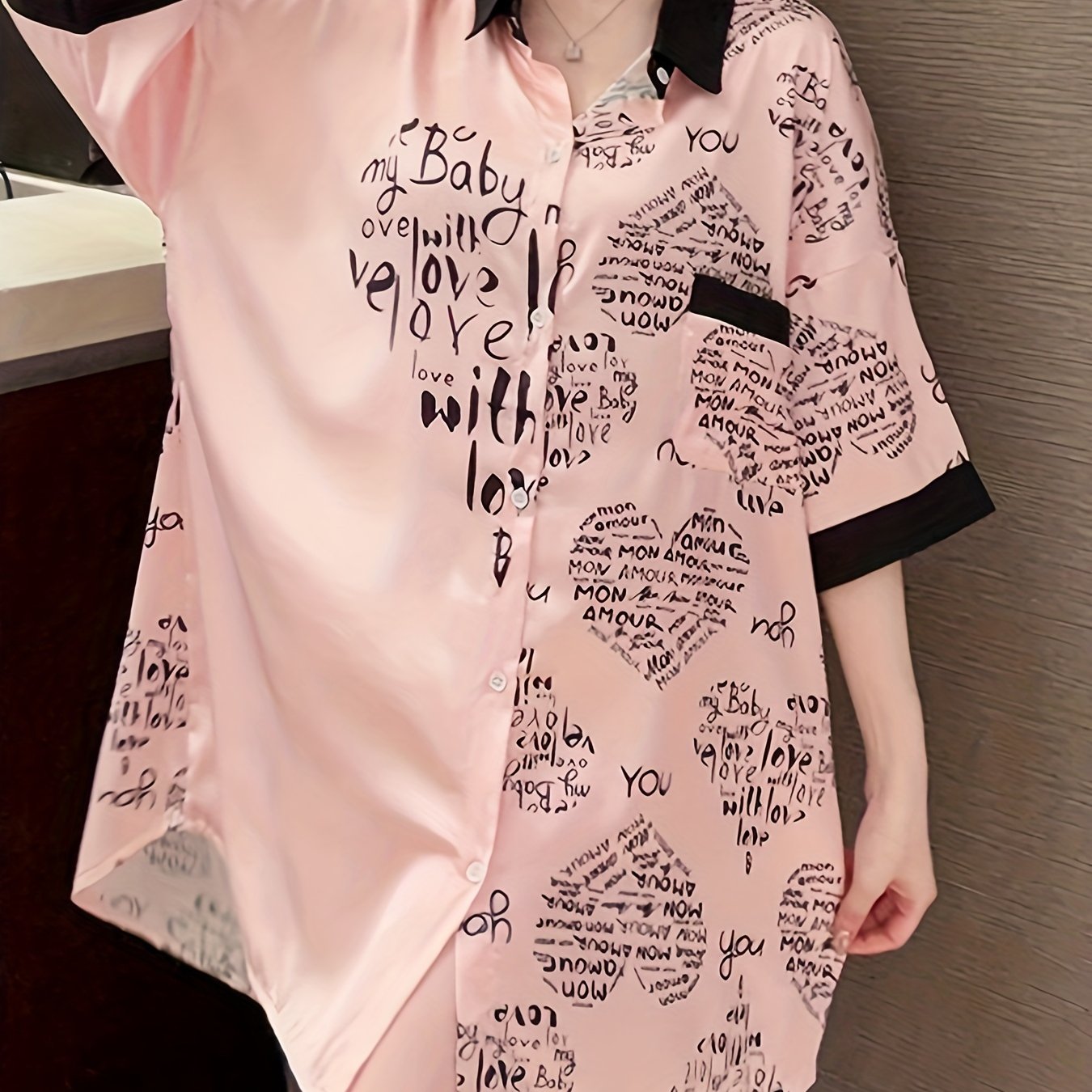 Heart & Letter Print NightDress Short Sleeve Pajama Dress Women's Sleepwear
