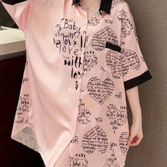 Heart & Letter Print NightDress Short Sleeve Pajama Dress Women's Sleepwear