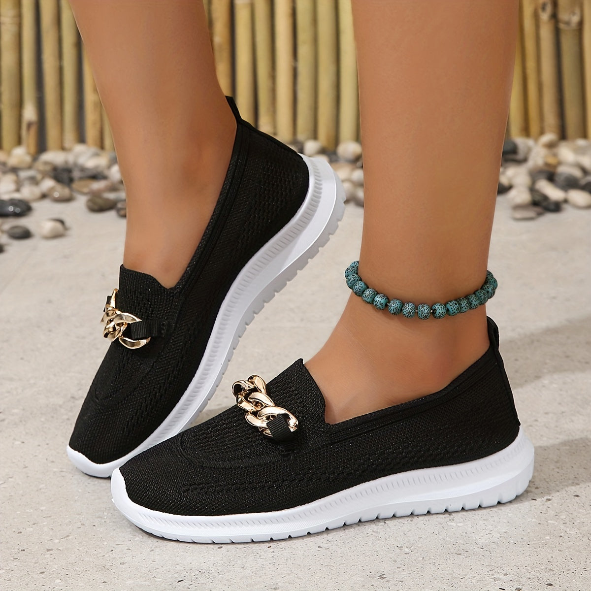 Metallic Chain Slip-On Round Toe Flat Shoes Low Flying Woven Comfy