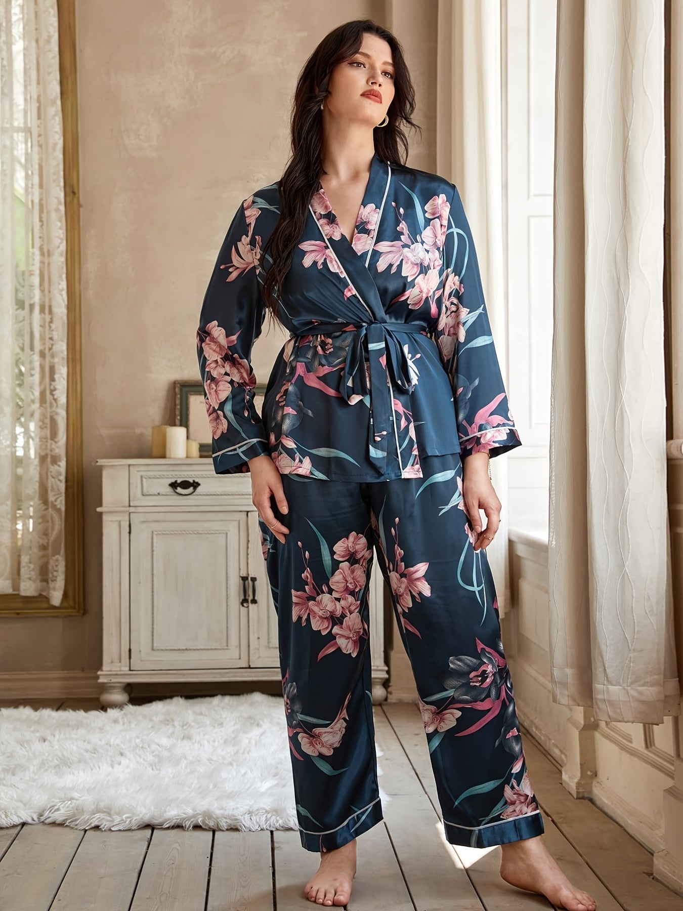 Satin Floral Print Pajama Set Women's Plus Loungewear 2pcs