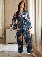 Satin Floral Print Pajama Set Women's Plus Loungewear 2pcs