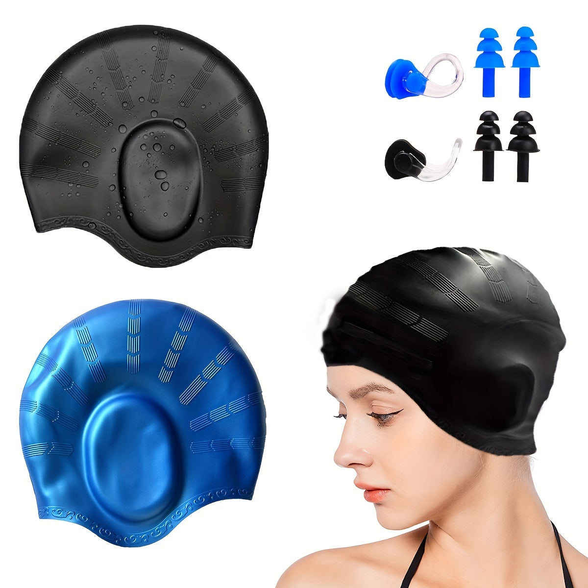 2pcs Waterproof Silicone Swimming Caps for Adults