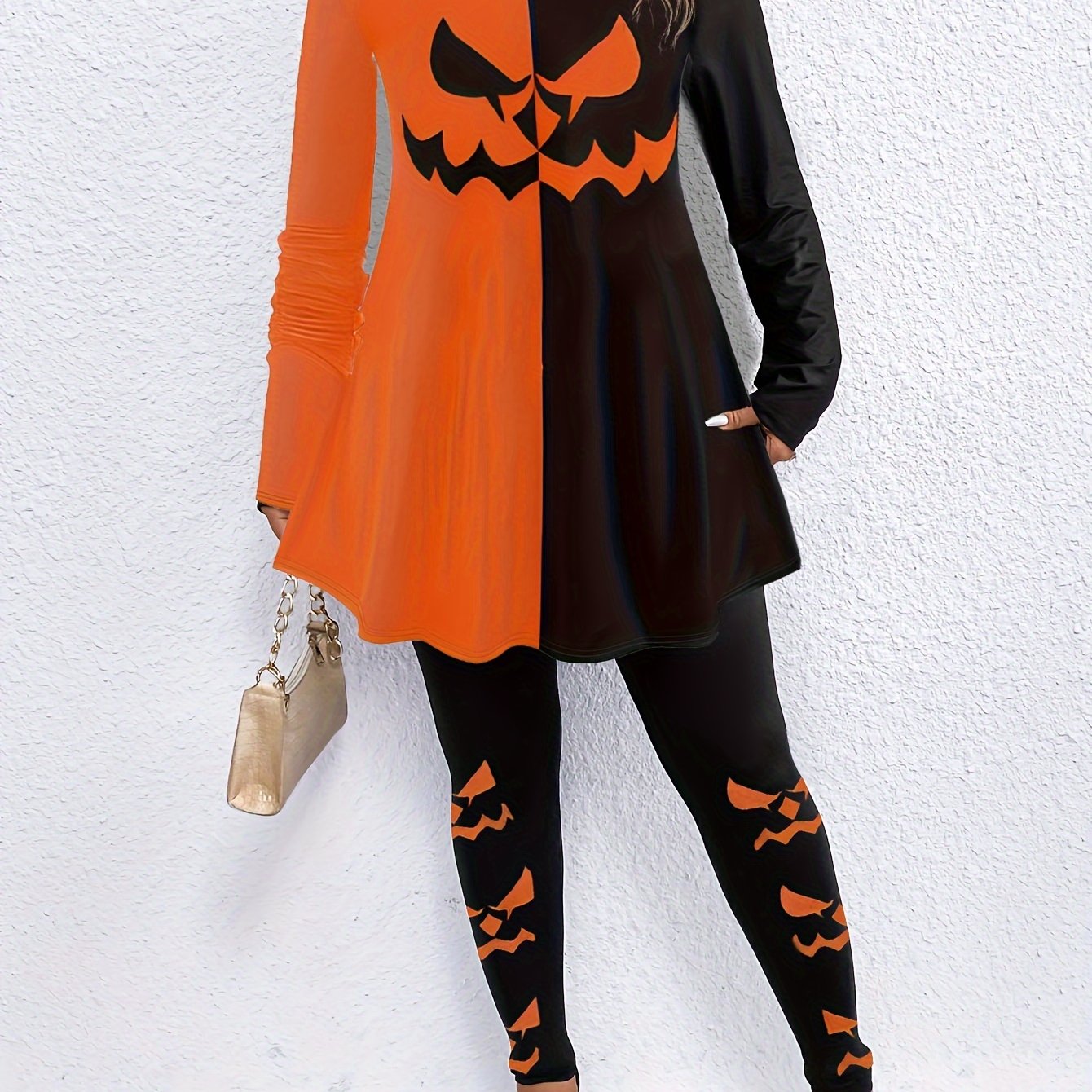 Plus Size Halloween Gothic Outfits Set Women's Pumpkin Print Top & Leggings