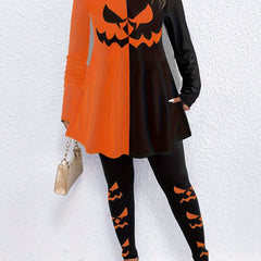 Plus Size Halloween Gothic Outfits Set Women's Pumpkin Print Top & Leggings
