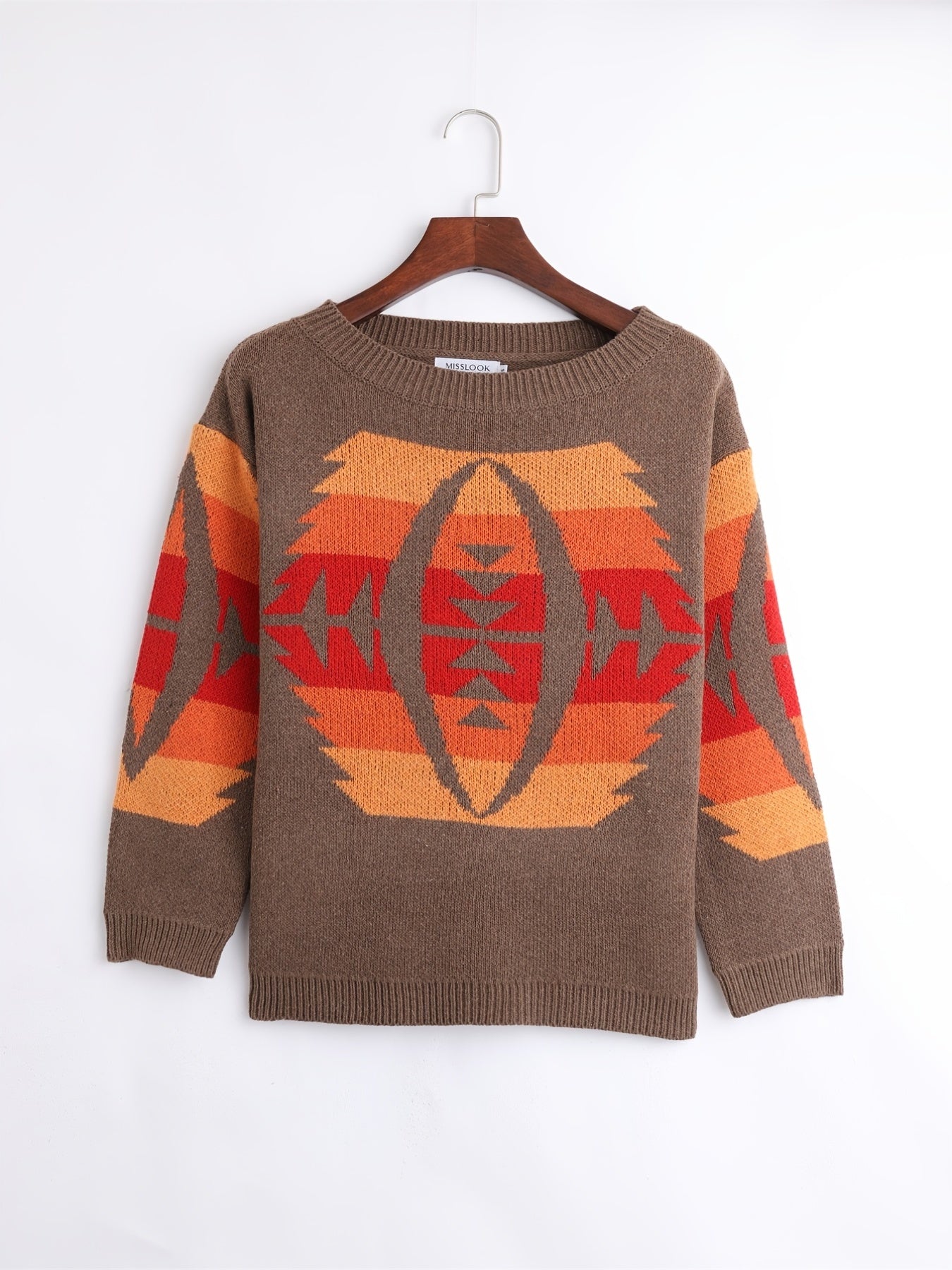 Women's Block Crew Neck Sweater Casual Long Sleeve Knit Sweater