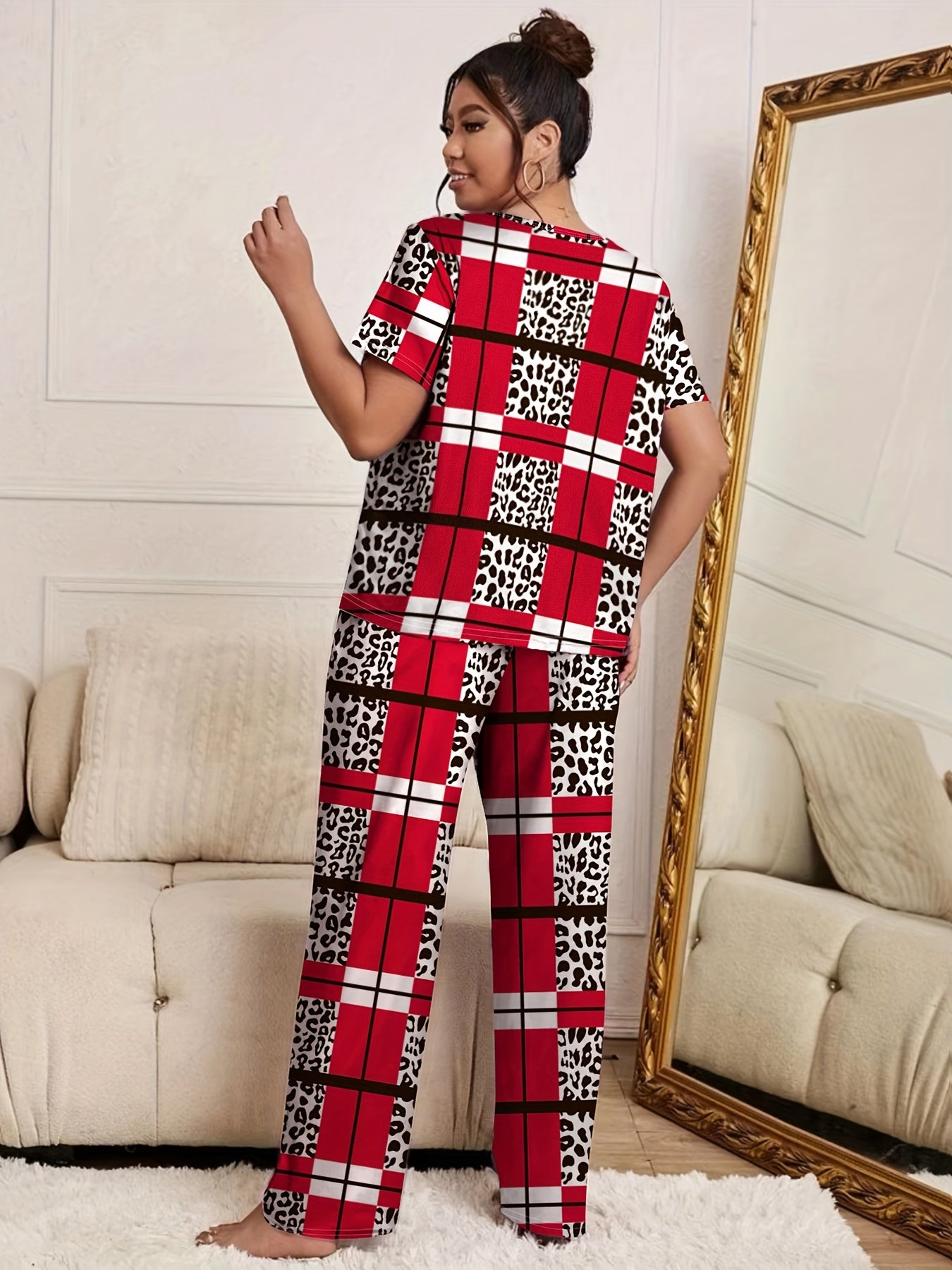Leopard & Stripe Print Pajama Set Women's Tee & Pants