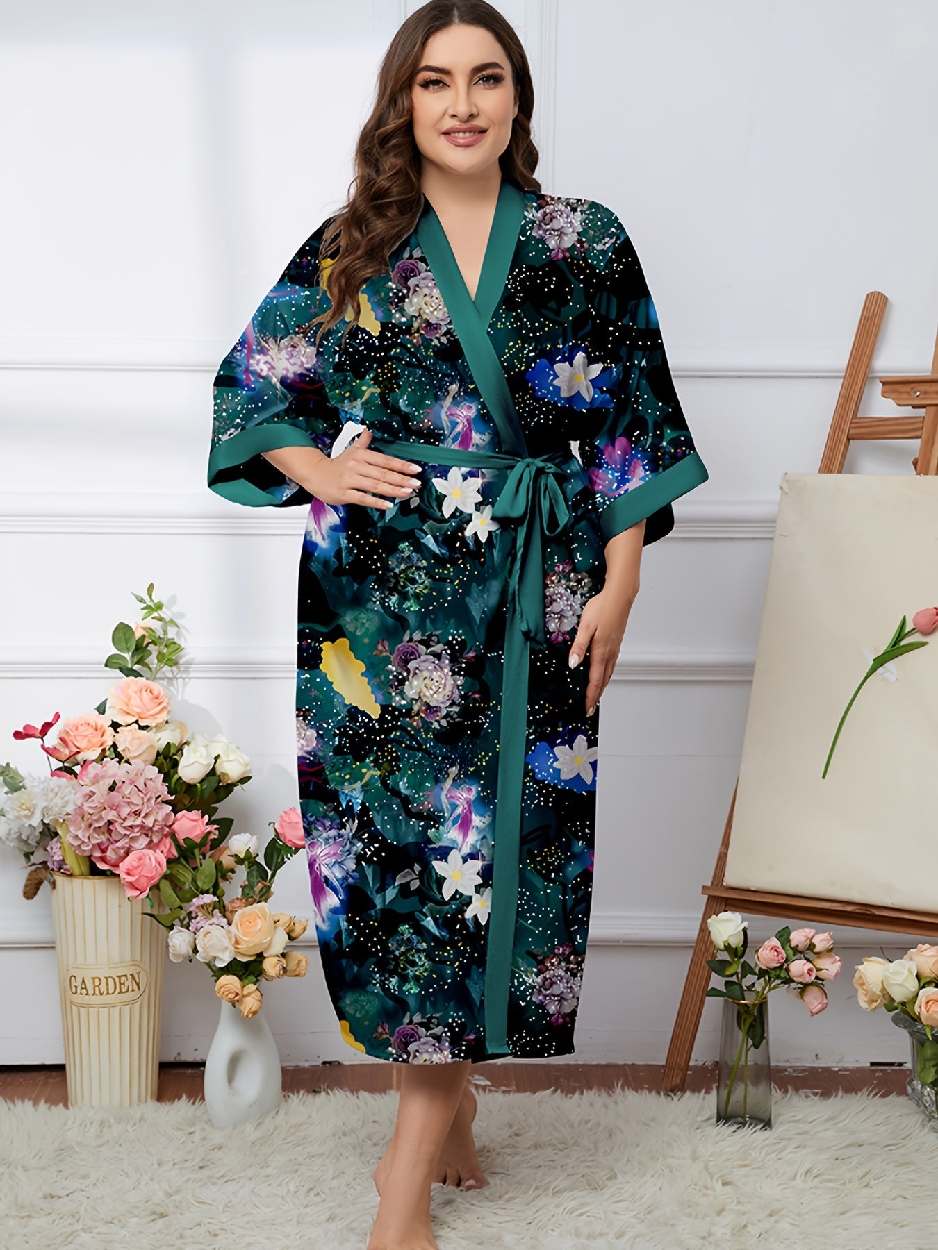 Casual Robe Women's Plus Floral Print Belted V Neck Dressing Gown