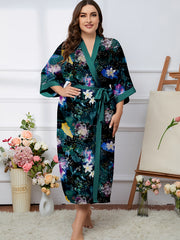 Casual Robe Women's Plus Floral Print Belted V Neck Dressing Gown