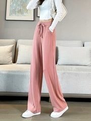 Solid Wide Leg Pants Casual High Waist Drawstring Elastic Pants