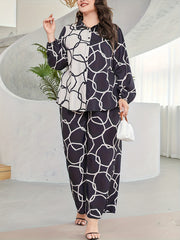 Geometric Print Button Up Blouse & Wide Leg Pants Set