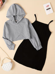 2pcs Girls Plain Hoodie & Cami Dress Set