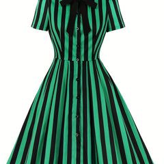 Stripe Print Button Up Short Sleeve Dress