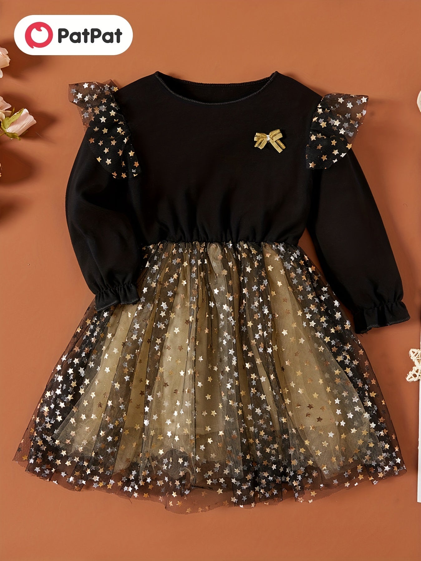 Sequin Stars Tulle Dress Long Sleeve Party Outfit