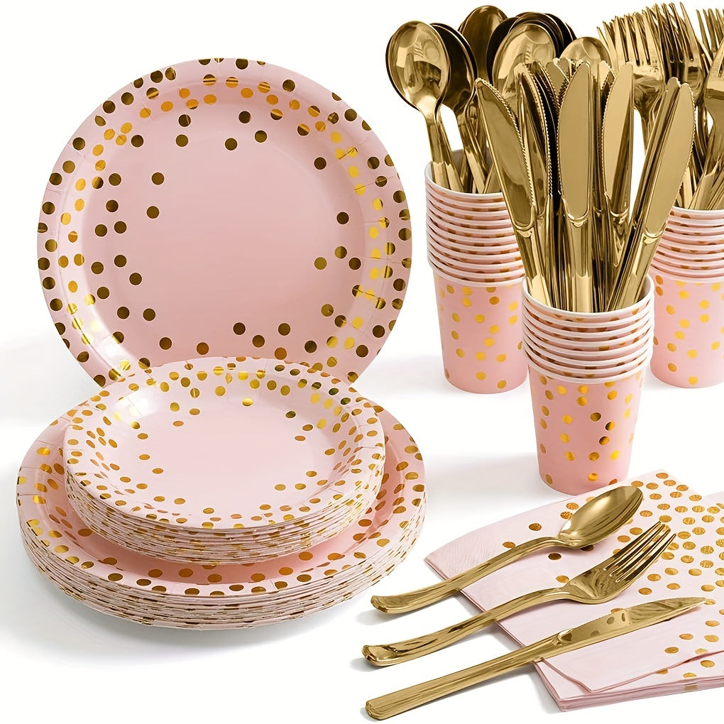 Pink & Gold Party Supplies - 17 Plates, Napkins, Knives, Spoons, Forks
