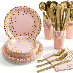 Pink & Gold Party Supplies - 17 Plates, Napkins, Knives, Spoons, Forks
