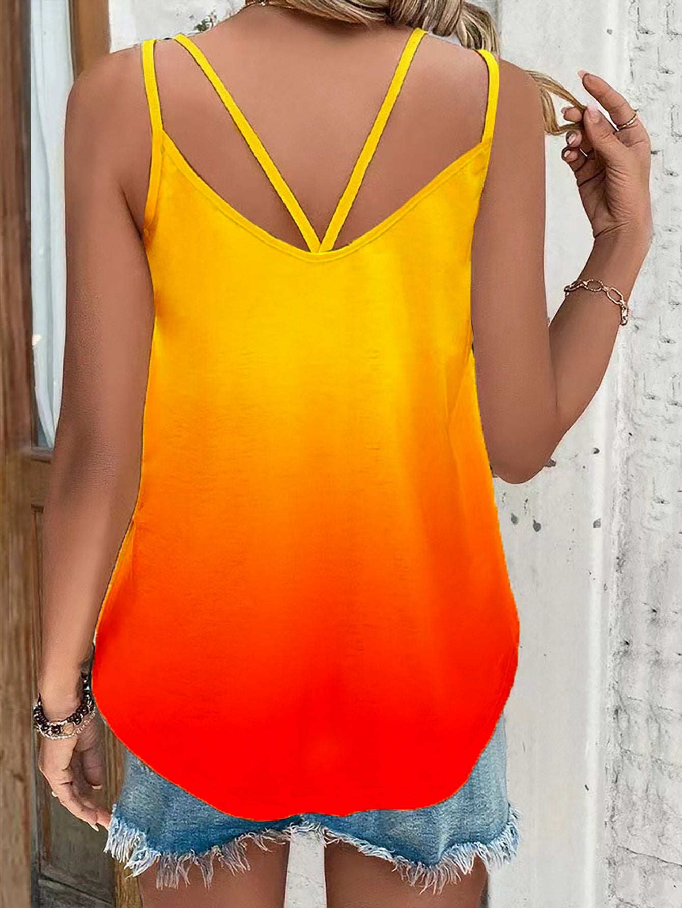 Gradient Cutout Straps Top Sleeveless Summer Casual Crew Neck