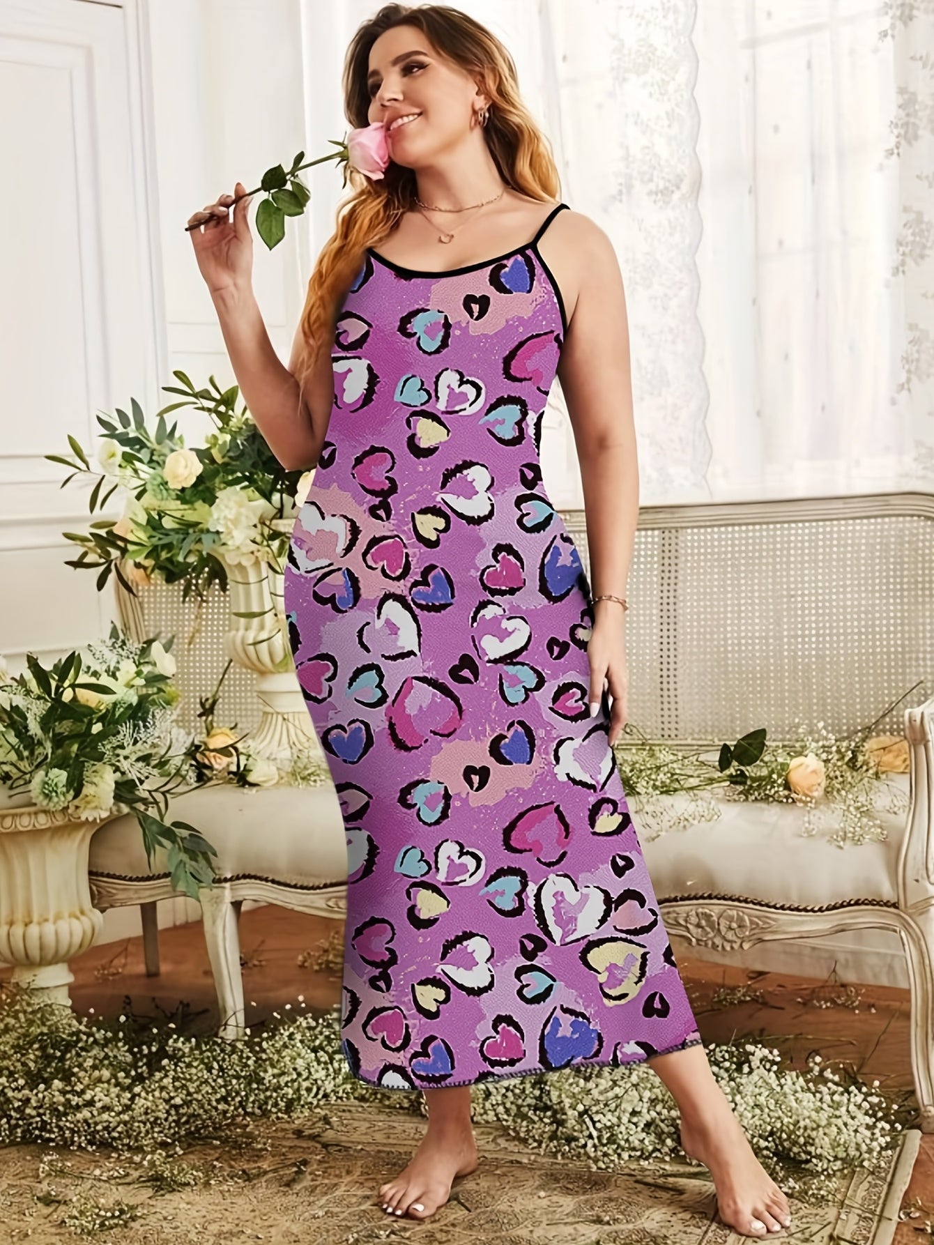 Hearts Print Round Neck Cami Sleep Dress