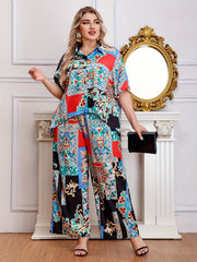 Women's Plus Scarf Print Half Sleeve Shirt & Loose Pants Set