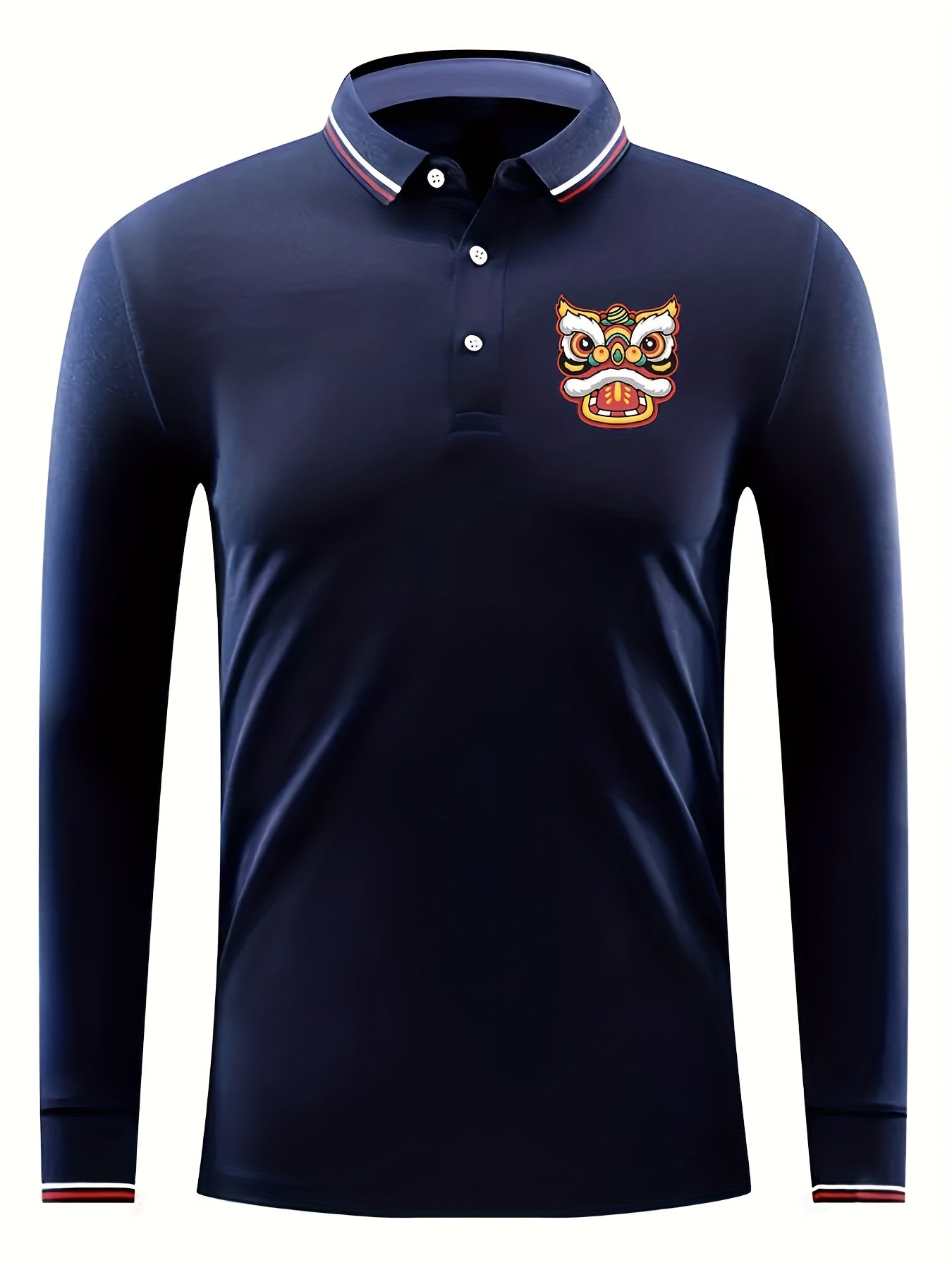 Lion Head Pattern Men's Long Sleeve Polo Shirt
