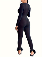 Solid Lounge Jumpsuit Long Sleeve V Neck Buttons Jumpsuit Women's Loungewear