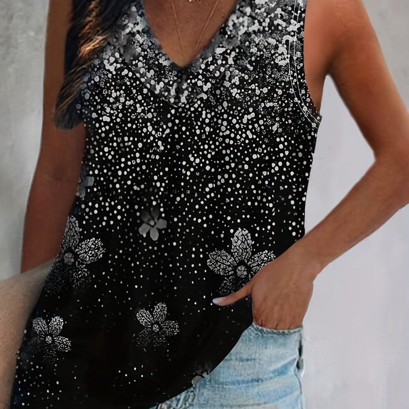 Snowflake Print V Neck Tank Top Medium Stretch