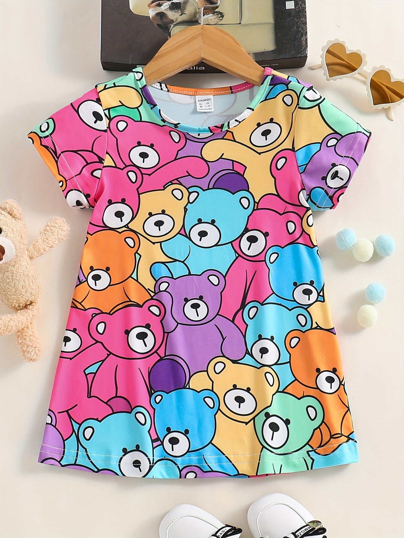 Kid Girls' Casual Dress Cartoon Bear Allover Print Short Sleeve T Shirt Dress