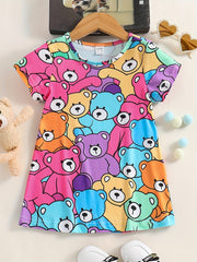 Kid Girls' Casual Dress Cartoon Bear Allover Print Short Sleeve T Shirt Dress