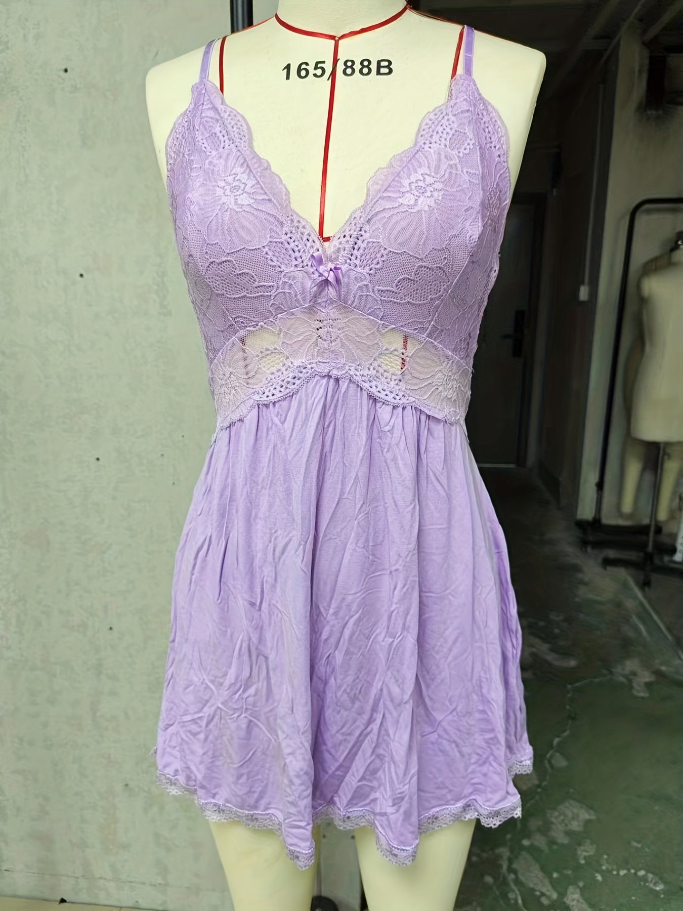 Sexy Contrast Lace Slip Dress Deep V Backless Babydoll Women's Lingerie