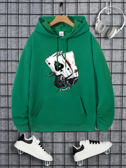 Poker Print Hoodie Men Kangaroo Pocket Loose Pullover Mens Clothing