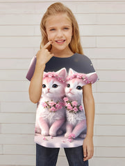 Cat & Flower Graphic Short Sleeve T shirt for Girls Summer Sports