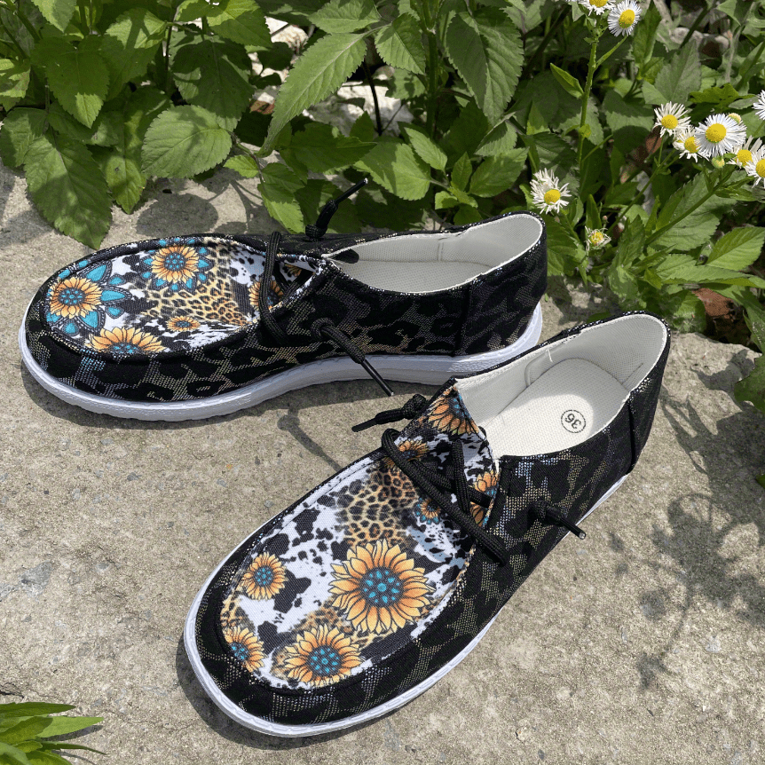 Floral & Cow Pattern Loafers Lace up Round Toe Low Top Shoes
