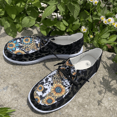 Floral & Cow Pattern Loafers Lace up Round Toe Low Top Shoes