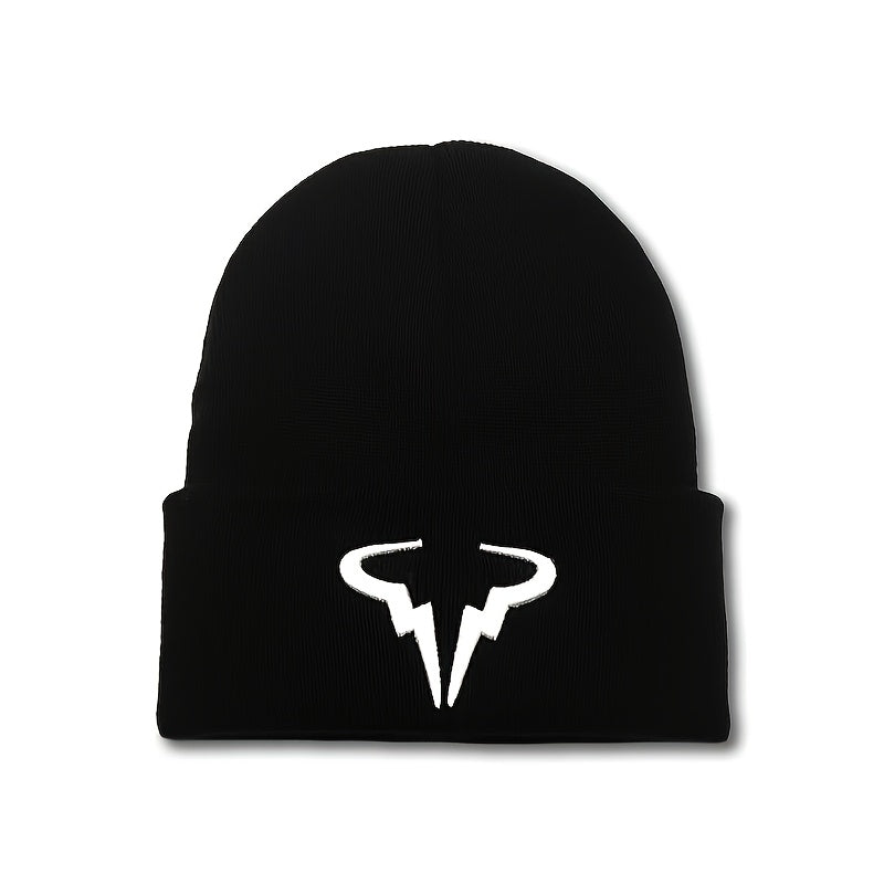 Embroidered Horn Knit Cuffed Beanie Hat