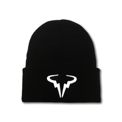 Embroidered Horn Knit Cuffed Beanie Hat