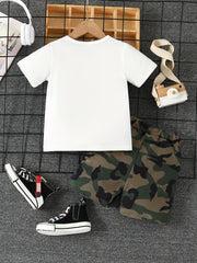 2pcs Boys Dad Fist Print Short Sleeve T shirt&Shorts Set Summer Clothing