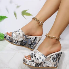 Floral Print Wedge Slippers Open Toe Sandals