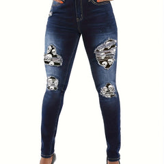 Women's Plus Size Skull Print Ripped Skinny Jeans