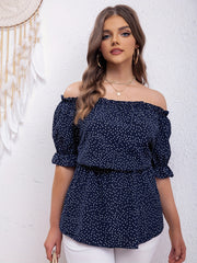 Dot Print Ruffle Trim Off Shoulder Peplum Top