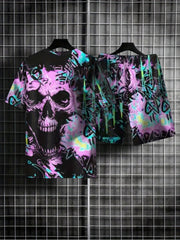 Men's Stylish Skull Graphic T-shirt & Comfy Shorts Set for Outdoor