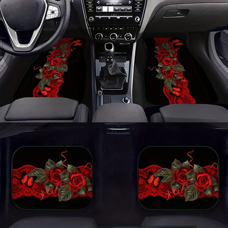 4pcs Rose Flowers Car Seat Cover Set, Front and Rear Seat Mat